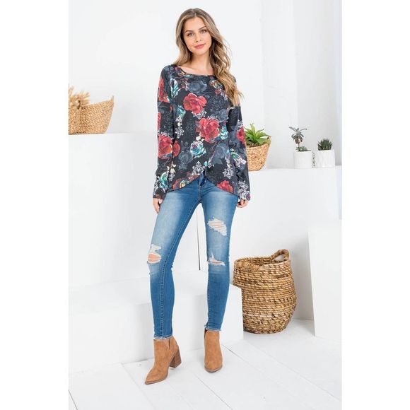 Black Floral Wrap Front Tunic Top - Picture 3 of 9